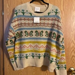 Pink and Tan Crew Neck Sweater with Fair Isle Design
